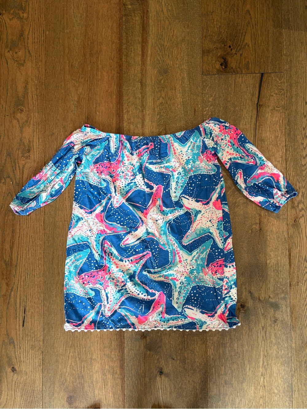 Off-Shoulder Starfish Print Coverup in Blue, Pink & Turquoise